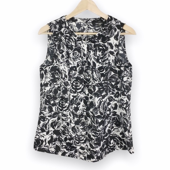 Nine West Tops - Nine West Womens Size Medium M Black White Artsy Floral Rose Print‎ Blouse Top